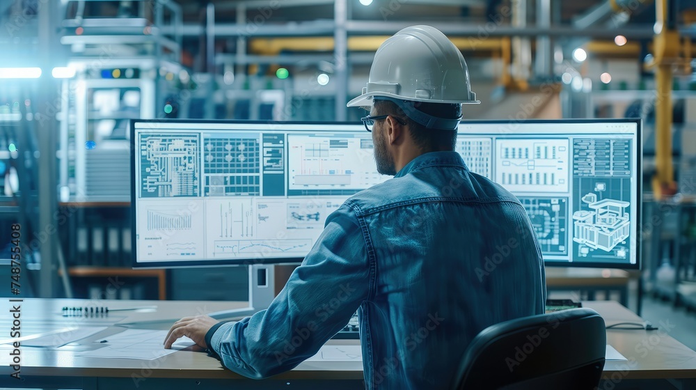 Aufkleber Engineer Working with CAD Software With Computer, Technical Drafts and Drawings On Screen Desktop. Generative AI.