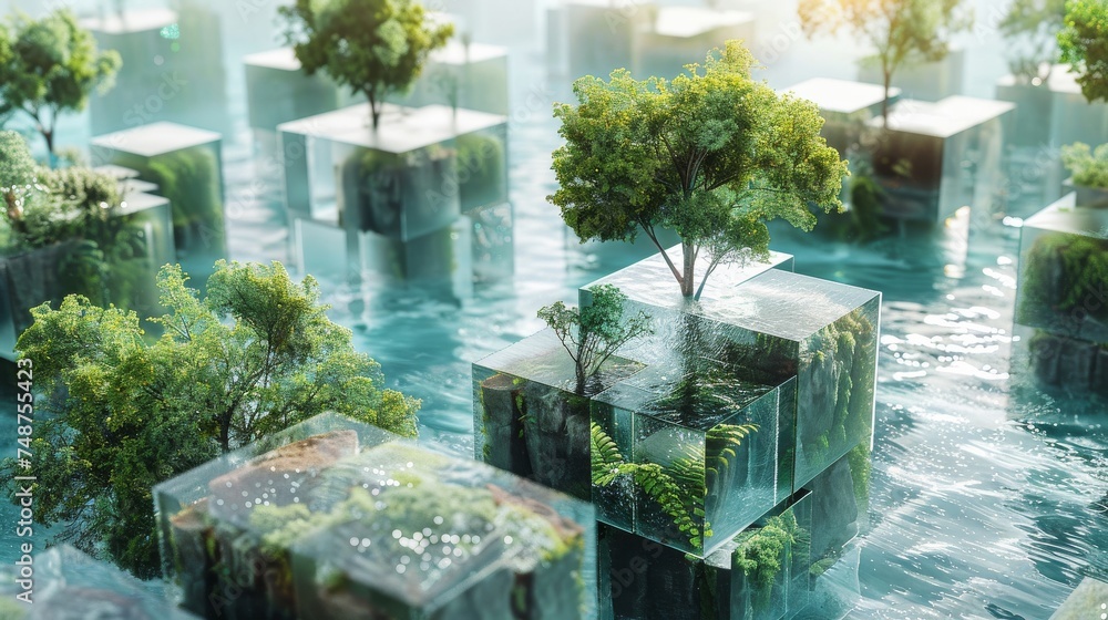 Aufkleber an abstract representation of a blockchain, with each block containing elements of nature such as wa