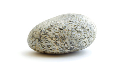Fototapeta na wymiar Gray oval stone isolated on white background. Smooth surface with black and white spots. Natural pebble for decoration or landscaping.