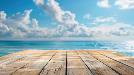 This is a beautiful landscape photo of a wooden dock overlooking the ocean. - obrazy, fototapety, plakaty