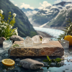 stones in the mountains,  landscape in the mountains, rock on a table, fresh fruits,  ice cubes
