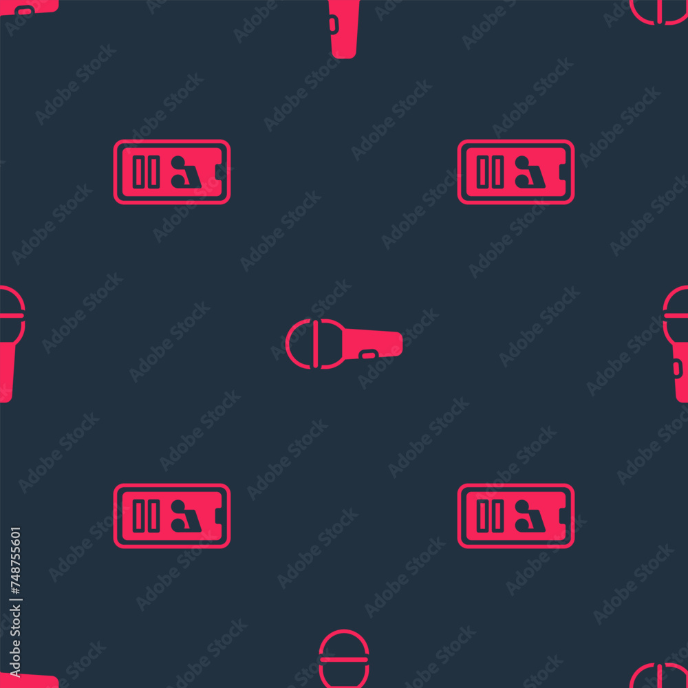 Poster set music player and microphone on seamless pattern. vector
