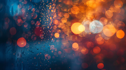 Raindrops on a window with a blurred background of a city at night. - obrazy, fototapety, plakaty