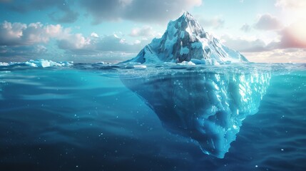 An iceberg with a visible blockchain structure, highlighting climate change and crypto's potential role in combating it.