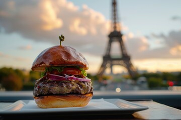 Culinary Delight: A Skilled Chef Unveils a Succulent Gourmet Burger in the Cosmopolitan Charm of Paris, Elevating Dining Experience.