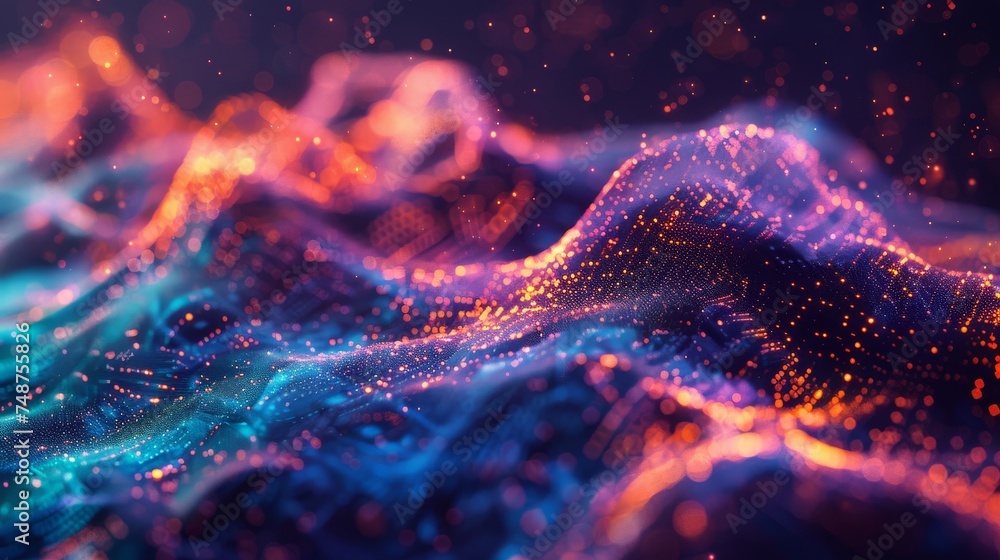 Poster an immersive 3d visualization of a music nft, with notes and sounds visualized as colorful, dynamic 