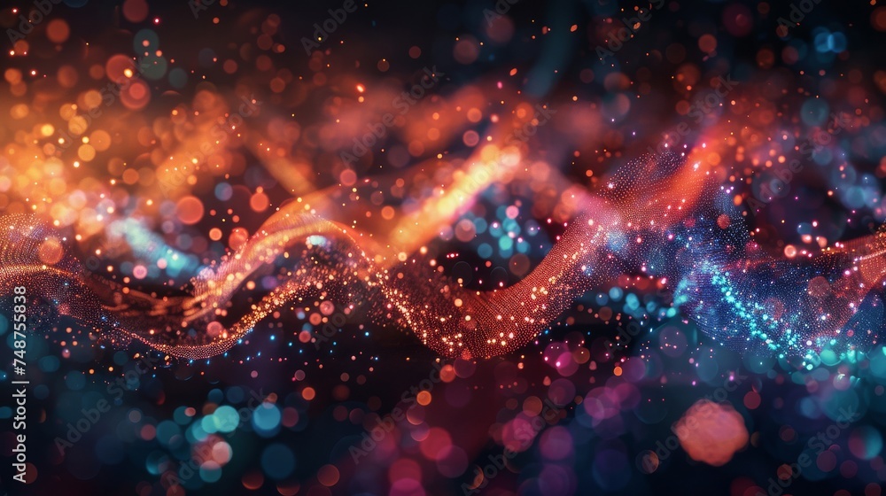 Poster an immersive 3d visualization of a music nft, with notes and sounds visualized as colorful, dynamic 
