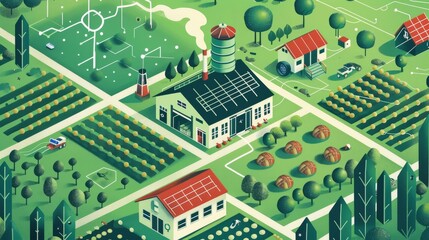 An illustration of a smart farm, where agricultural technologies are powered by renewable energy and blockchain, showcasing innovation in sustainable food production.