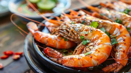 Grilled shrimp Giant River Prawn with spicy seafood dipping sauce delicious Thai seafood style. - obrazy, fototapety, plakaty