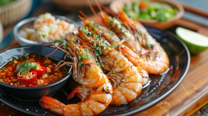 Grilled shrimp Giant River Prawn with spicy seafood dipping sauce delicious Thai seafood style.