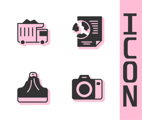 Set Photo camera, Mining dump truck, Volcano and Earth globe with document icon. Vector