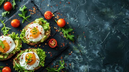 Avocado and poached egg sandwiches. wholesome food. Generative Ai