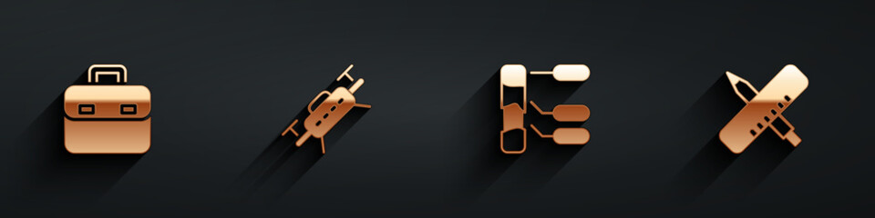 Set Briefcase, Drone, Soil analysis and Crossed ruler and pencil icon with long shadow. Vector