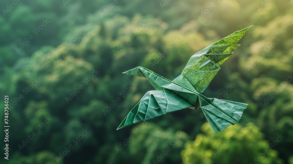 Poster an origami bird made from a blockchain pattern, flying over a forest, symbolizing freedom and sustai
