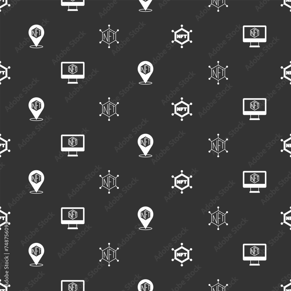 Poster set nft blockchain technology, monitor with art store app, digital crypto and on seamless pattern. v