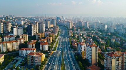 An aerial view of a busy highway in a large city. The highway is surrounded by tall buildings and there is a lot of traffic on the road.