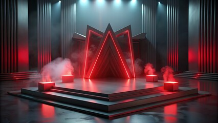 red stage, podium with smoke and fog, neon light. futuristic background with futuristic neon lights and empty space stage concert with red carpet - obrazy, fototapety, plakaty