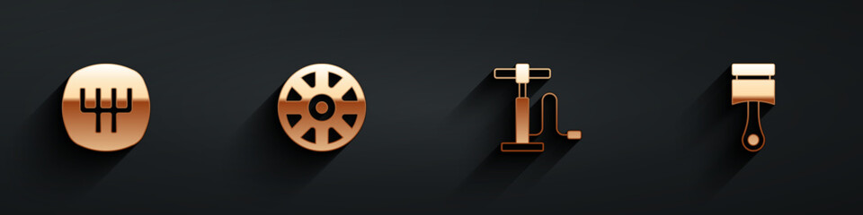 Set Gear shifter, Alloy wheel for car, Car air pump and Engine piston icon with long shadow. Vector
