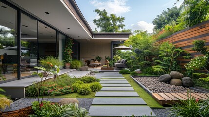 Fototapeta na wymiar Modern house, small courtyard, small garden, with a focus on the garden landscape. Generative AI.