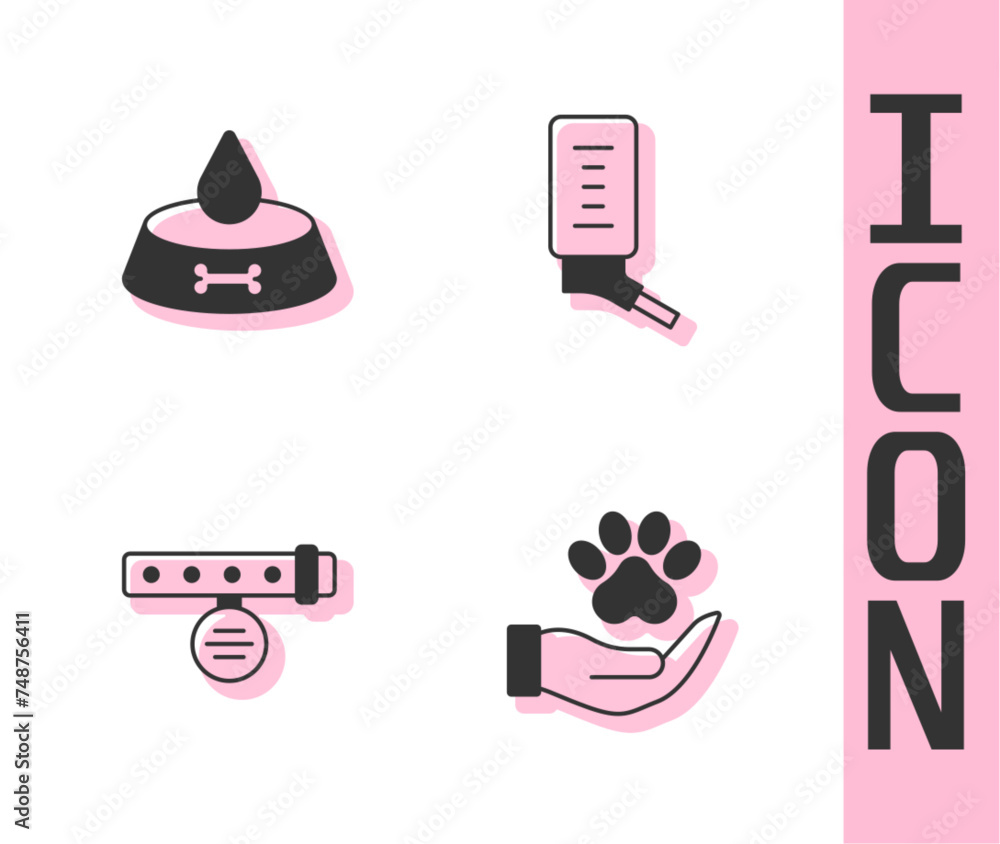 Wall mural Set Hands with animals footprint, Pet food bowl for cat or dog, Collar name tag and Drinker small pets icon. Vector