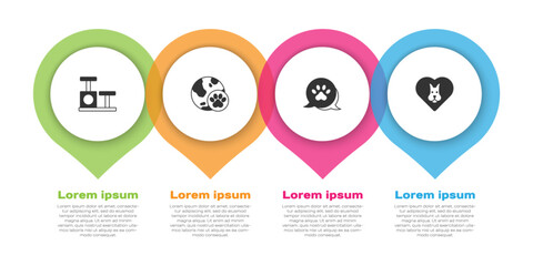 Set Cat scratching post with toy, World pet, Paw print and Heart dog. Business infographic template. Vector