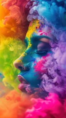 The image features a close-up of a person's profile, whose face and shoulder are covered in vibrant, powdery pigment colors like pink, blue, yellow, and green. They are visibly wearing makeup, includi