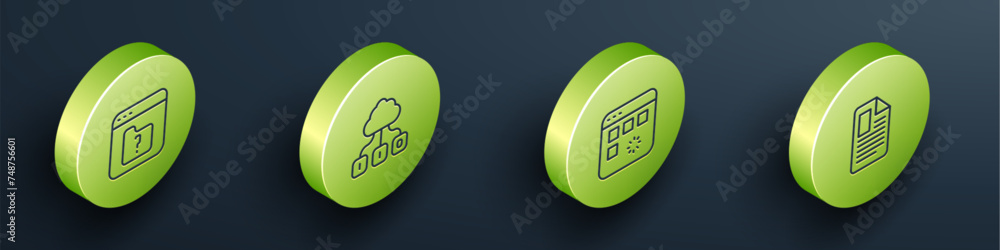 Poster set isometric line file missing, cloud technology data transfer, loading window and document icon. v