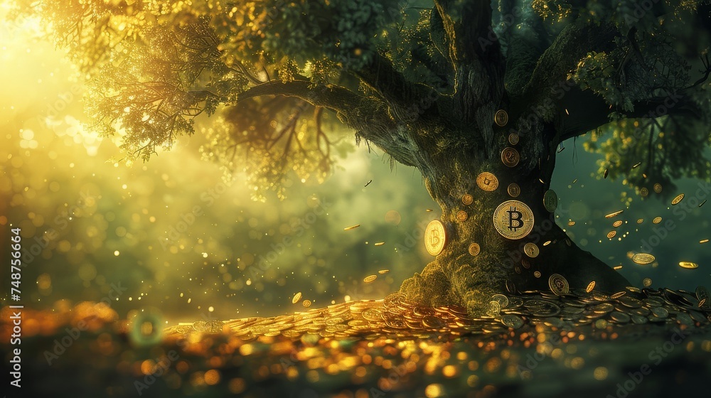 Poster bitcoin in nature: a concept piece showing bitcoin integrating with natural elements, like a tree wi