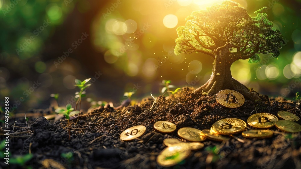 Poster bitcoin in nature: a concept piece showing bitcoin integrating with natural elements, like a tree wi
