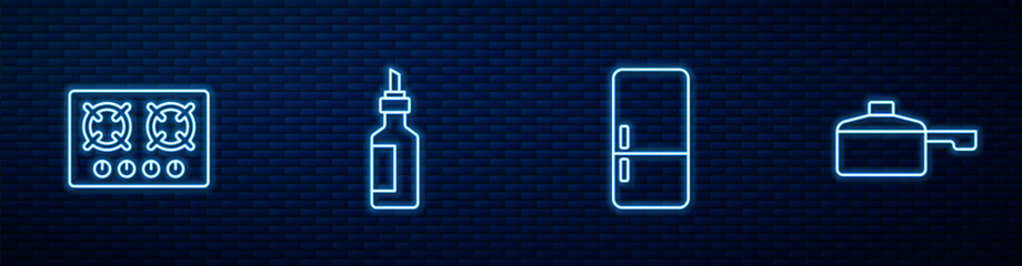 Set line Refrigerator, Gas stove, Bottle of olive oil and Frying pan. Glowing neon icon on brick wall. Vector