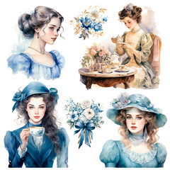 classic historical vintage ladies tea time in 1910, watercolor painting illustration