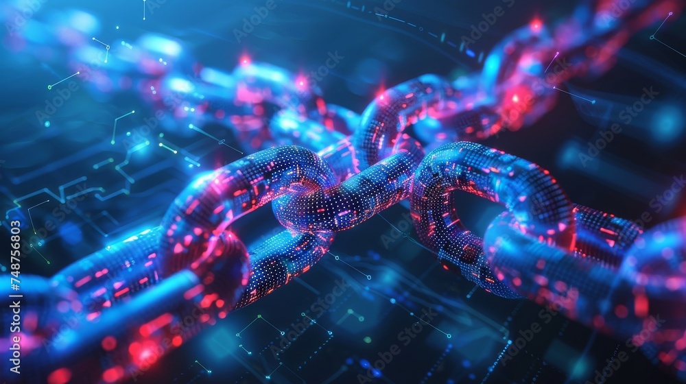 Poster blockchain and legal documents: chains made of blocks intertwined with legal documents and contracts