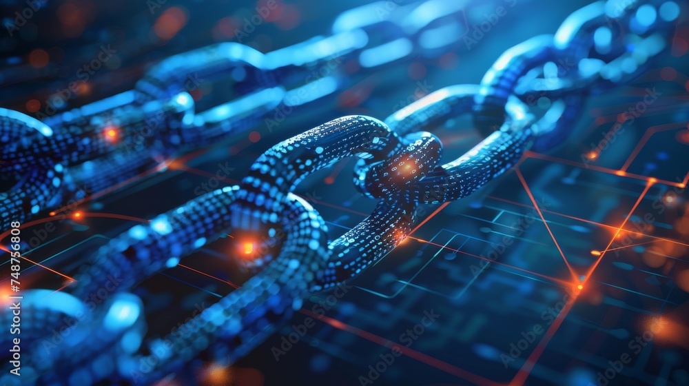 Poster blockchain and legal documents: chains made of blocks intertwined with legal documents and contracts