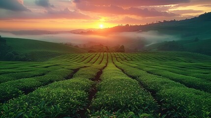The first light of sunrise over a lush tea plantation, highlighting the peaceful and refreshing start to the day. Generative AI. - obrazy, fototapety, plakaty