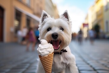 Lovely West highland white terrier dog licking ice-cream in girl hand.