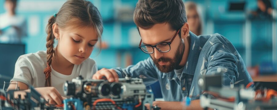 Robot Made by Girl. Multiethnic kids learning programming robots technology.