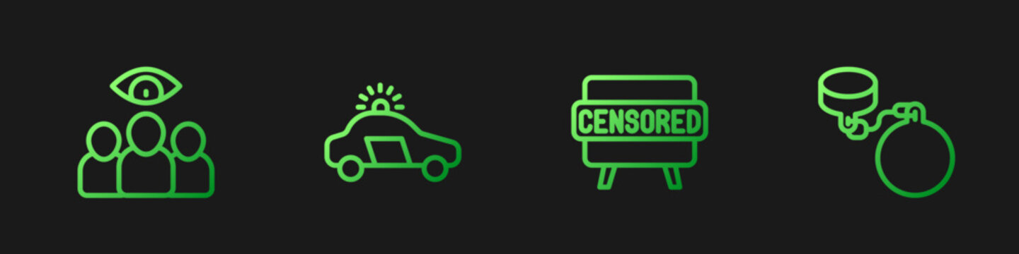 Set line Censored stamp, Spy, agent, Police car and flasher and Ball on chain. Gradient color icons. Vector