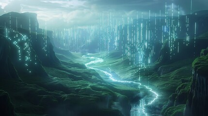 Blockchain Data Flow: Data streaming through a blockchain, visualized as a river flowing through a futuristic landscape.