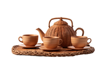 Fototapeta na wymiar A wicker tea set consisting of a teapot, cups, saucers, and a sugar bowl placed neatly on a woven tray. The intricate design of the wicker adds a touch of elegance to the table setting.