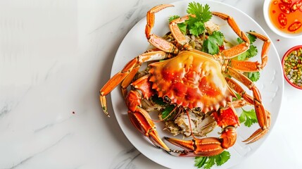 Steamed crab in a dish. Boiled crab fresh served with spicy sauce on white background. Thai food style,Top view.