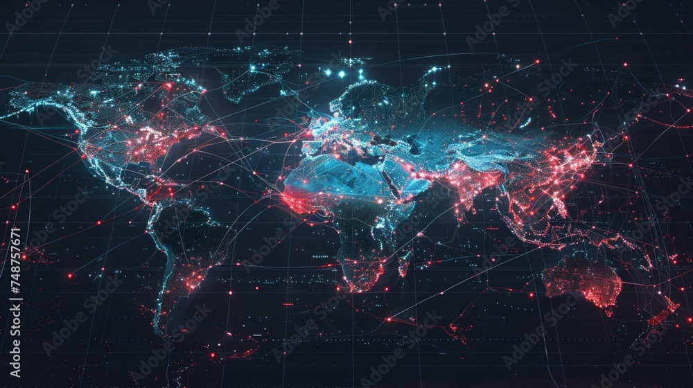 Poster blockchain global trade: a digital map showing global trade transactions and contracts secured by bl