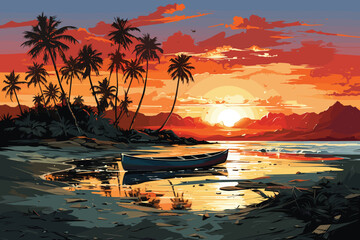 flat vector silhouette of a river and a fisherman on a boat in the middle of the river