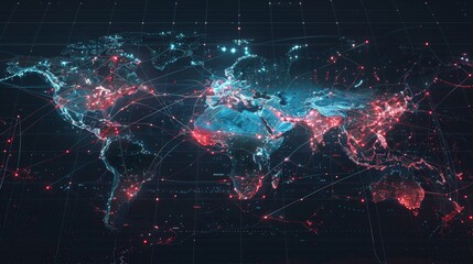 Blockchain Global Trade: A digital map showing global trade transactions and contracts secured by blockchain.