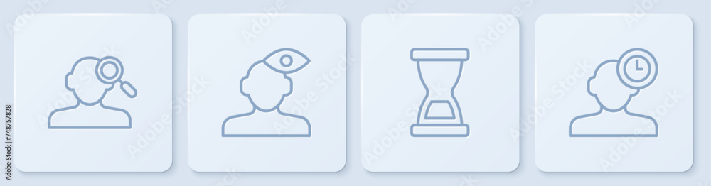 Poster set line finding a problem in psychology, old hourglass, solution and insomnia. white square button.
