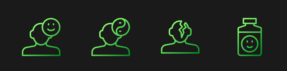 Set line Solution problem in psychology, Good mood, Yin Yang symbol and Antidepressants. Gradient color icons. Vector