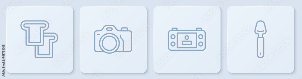 Poster set line bread toast, portable video game console, photo camera and spoon. white square button. vect