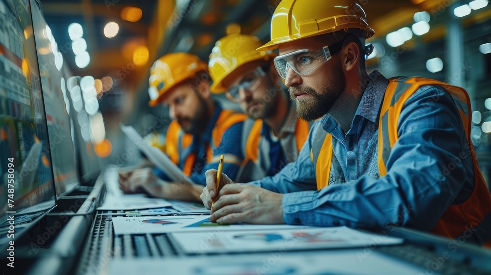 Poster Engineers wearing hard hats working with their customers while looking at graphs and charts. Generative AI.