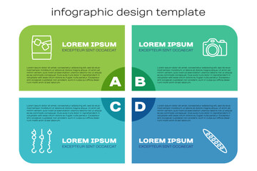 Set line Grilled shish kebab on skewer, Glass of whiskey with ice, French baguette bread and Photo camera. Business infographic template. Vector