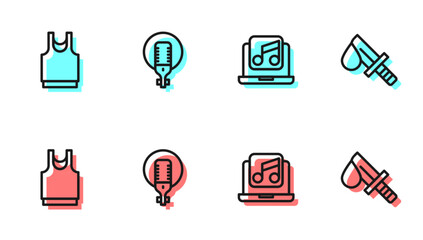 Set line Laptop with music, Undershirt, Microphone and Bloody knife icon. Vector