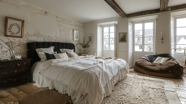 photography of A large bedroom with a medieval decoration style, clean walls, 